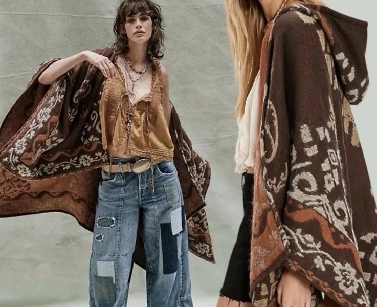 Free People Rown Duster Brown Patterned Hooded Poncho with Rust Accents OS