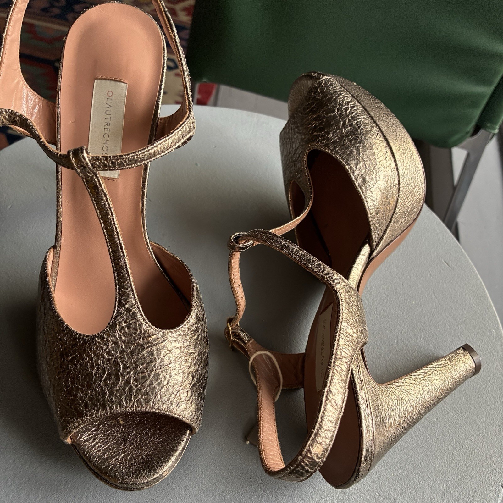 THE OTHER THING T-Strap High Heel Platform Sandal Bronze/Gold Cracklé Leather n.40