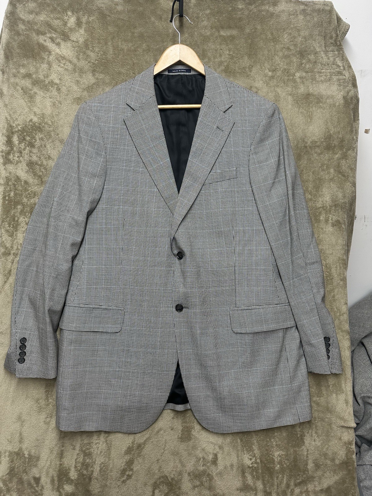 Lands’ End Blazer Men’s 43L Gray Hondstooth Wool 2-Button Gold Button Sport Coat