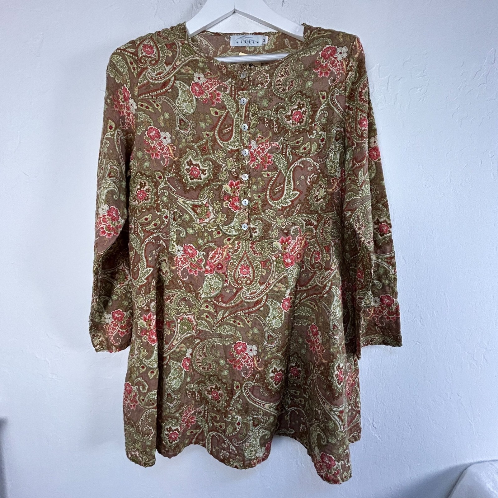 Willow Blue Moon Paisley Tunic Top/Dress Medium 100% Cotton Long Sleeve Boho New