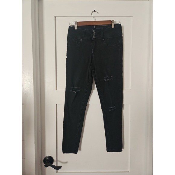 Blue Savvy High Waist Black Skinny Jeans 7/28 Distressed Butt Lift Seams
