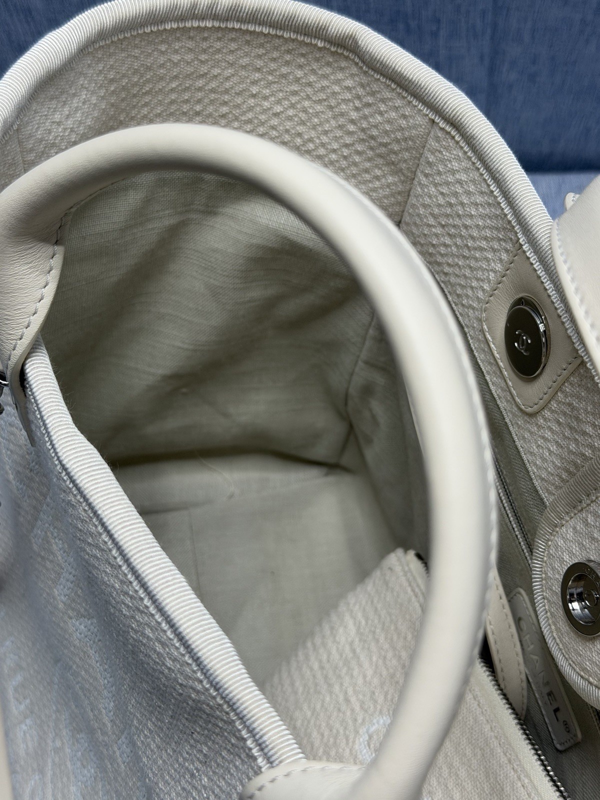 Chanel Deauville MM Tote Bag With Pouch Chain Tweed Material White