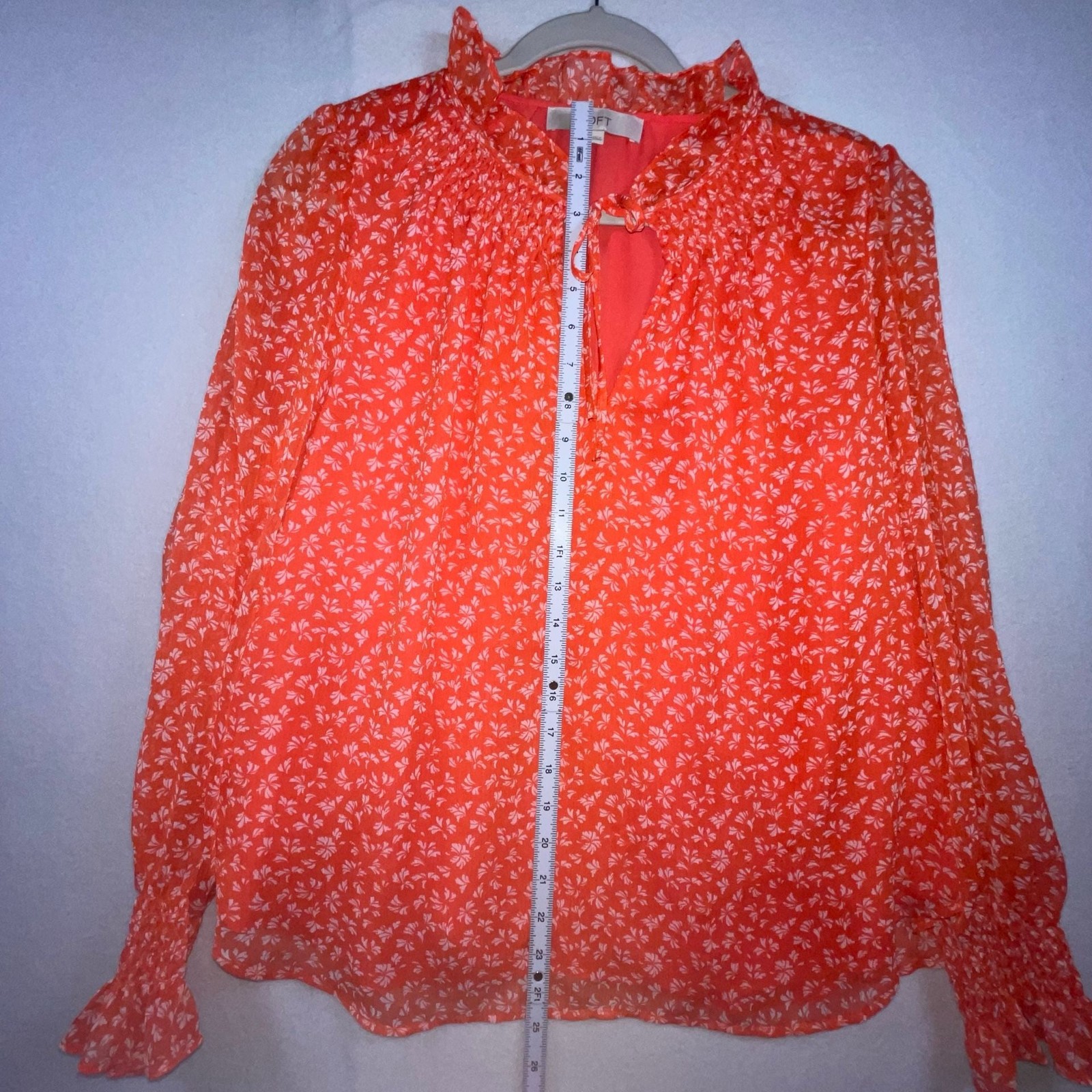 LOFT Orange Floral Ruffle Neck Tie Front Blouse Size M