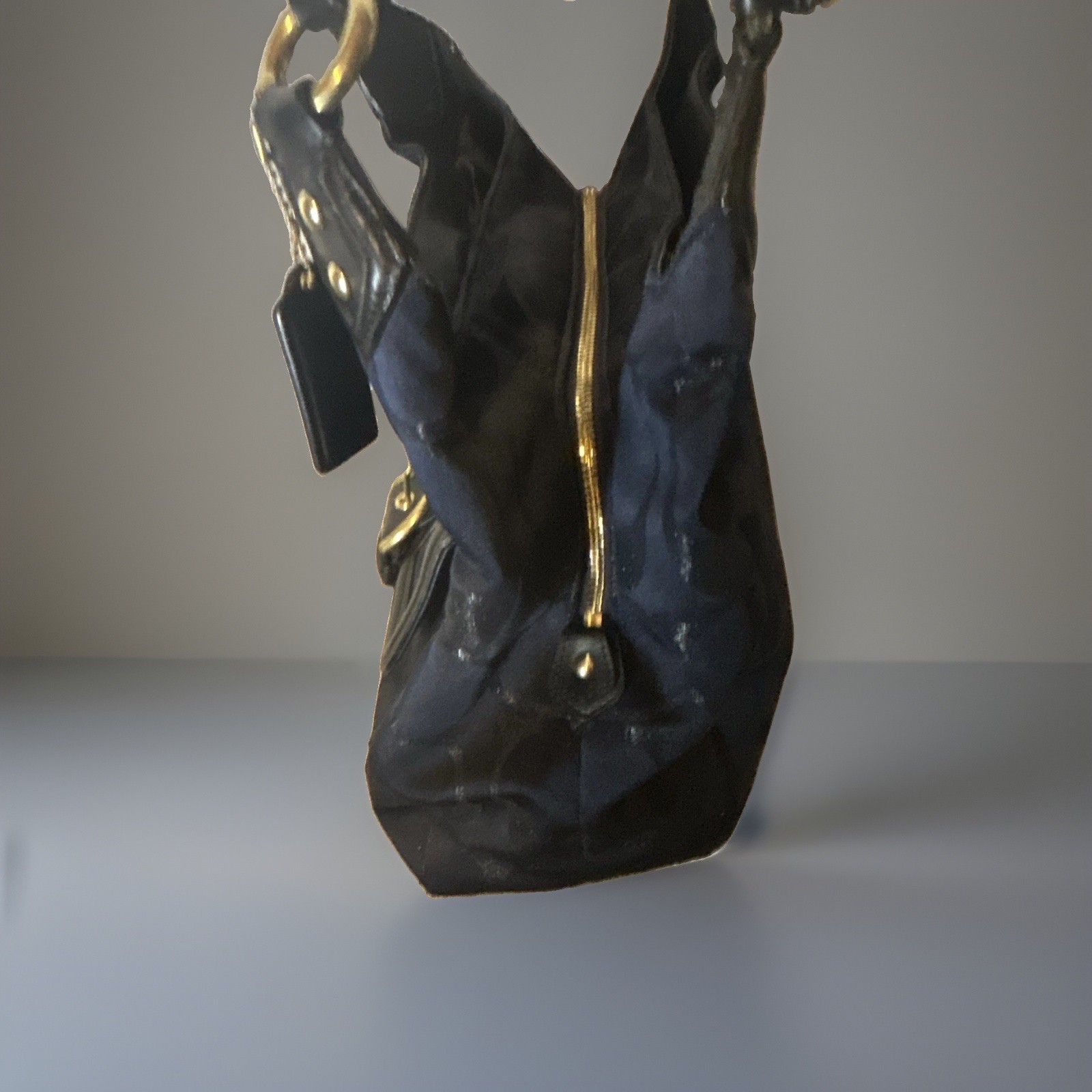 Coach Navy/Black Signature Logo Hobo Shoulder Bag Zip + Buckle Gold Pockets