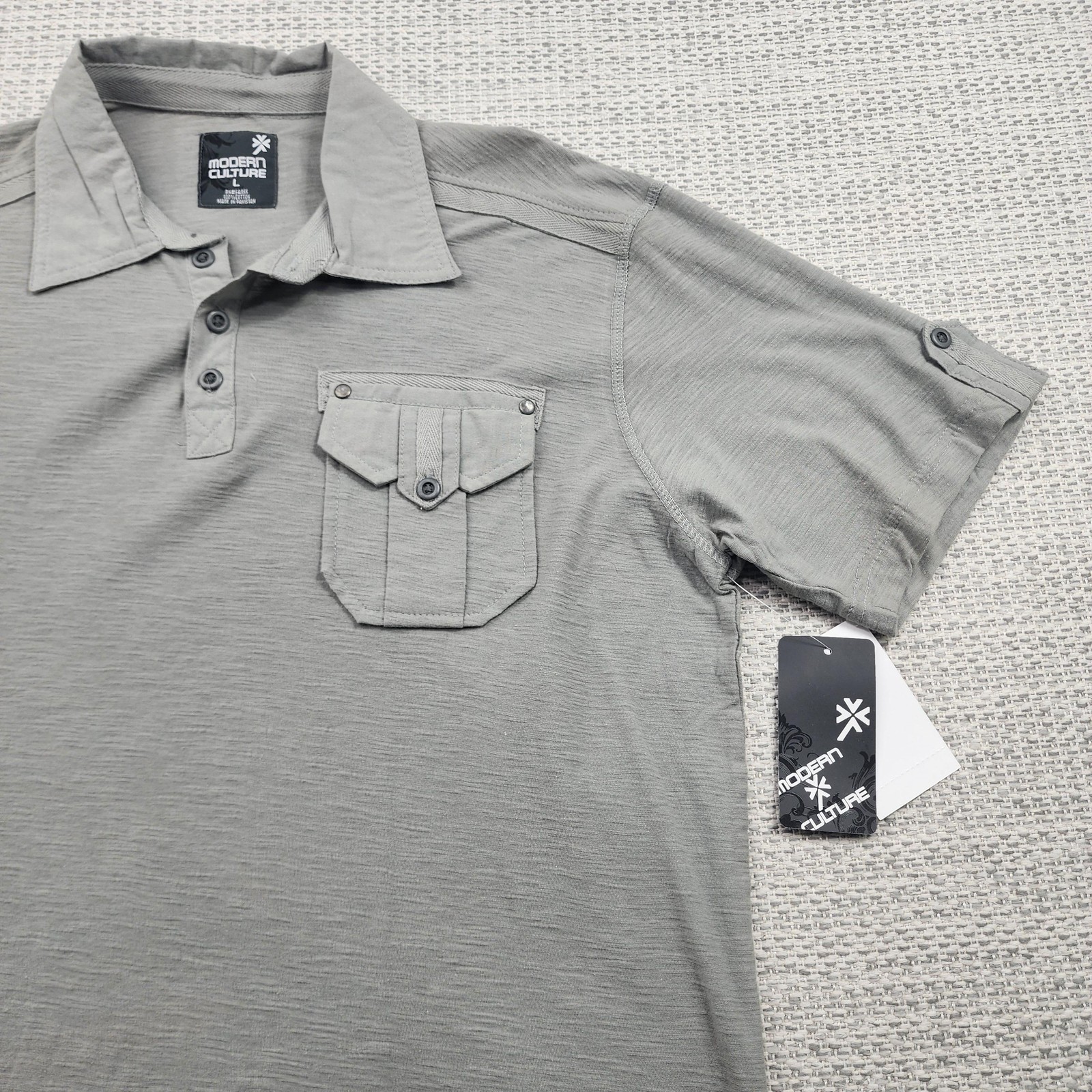 Modern Culture Polo Shirt Mens Large Gray Concrete Wash Pocket Button Casual New