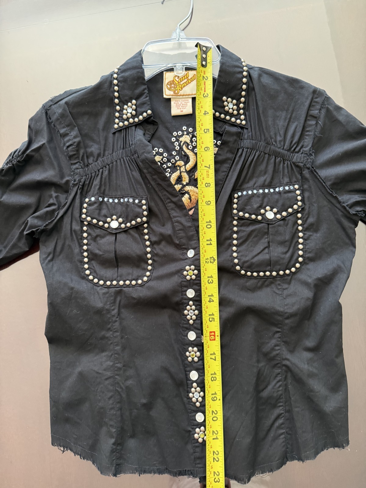 Soul Revival Black Cotton Western Snap Shirt Rhinestone Studs Embroidered M
