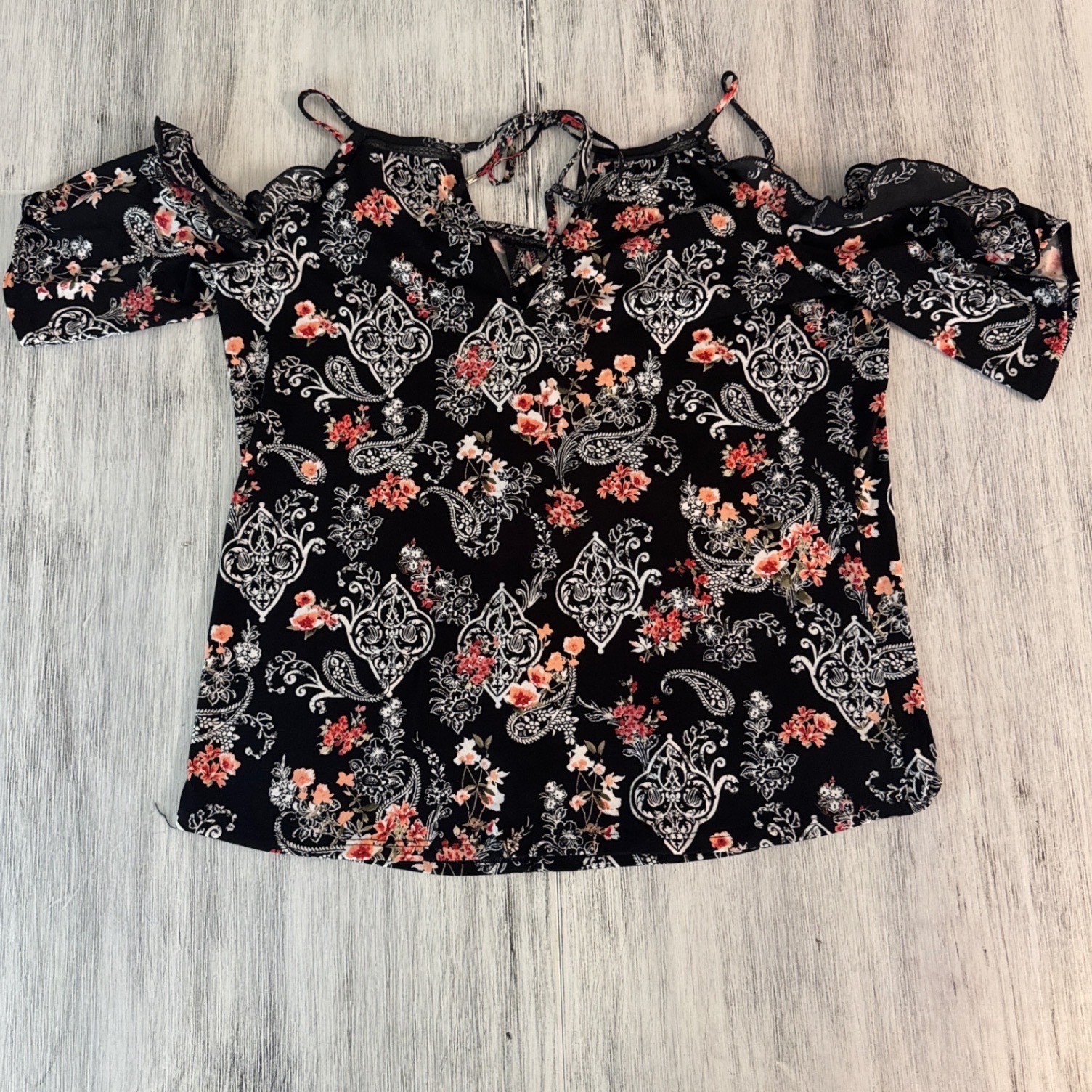 White House Black Market Floral Paisley Cold Shoulder Ruffle Blouse Black Small