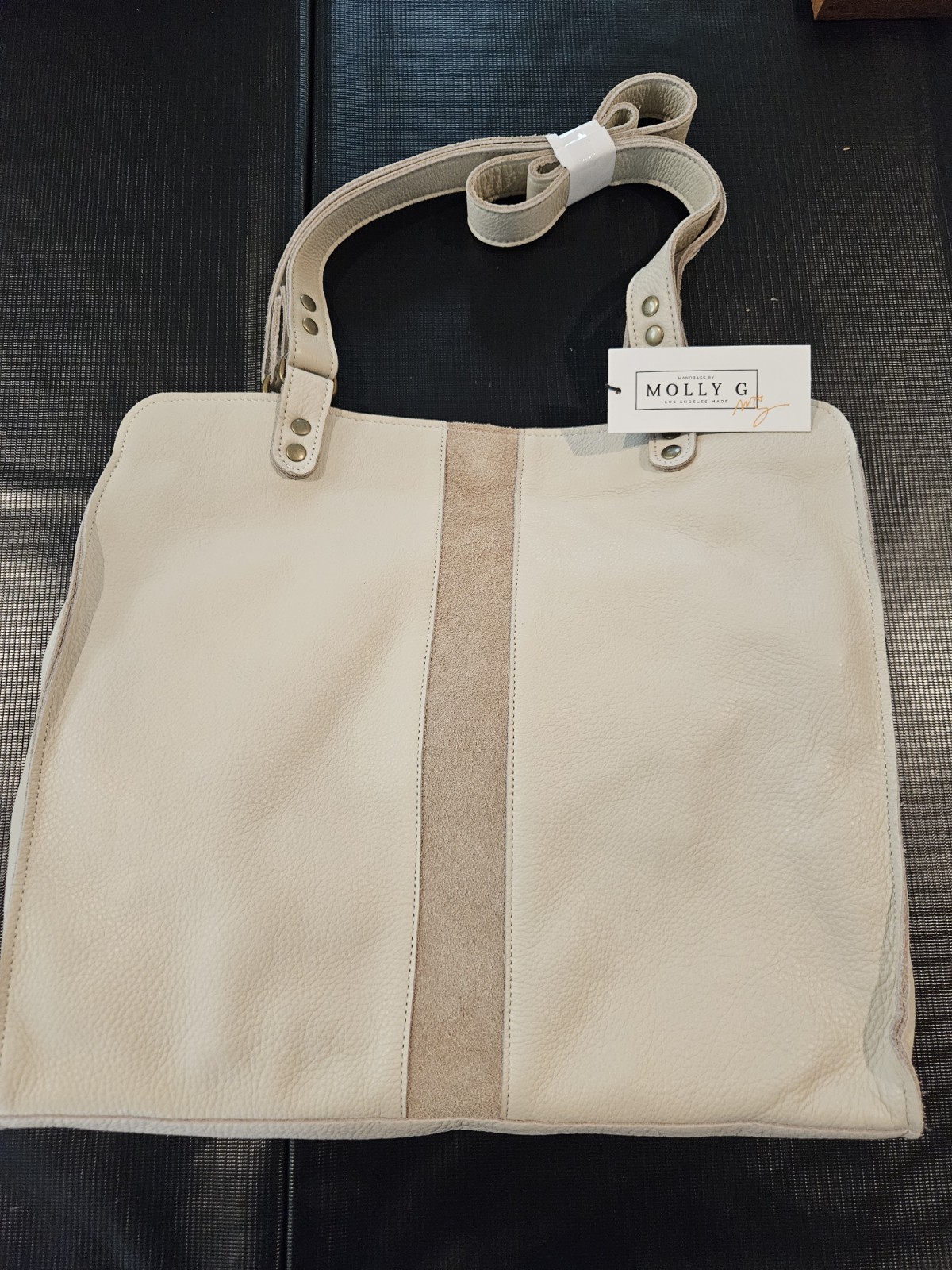 Molly G Beige Tote Bag Solid Rectangle, Strap, Double Handles