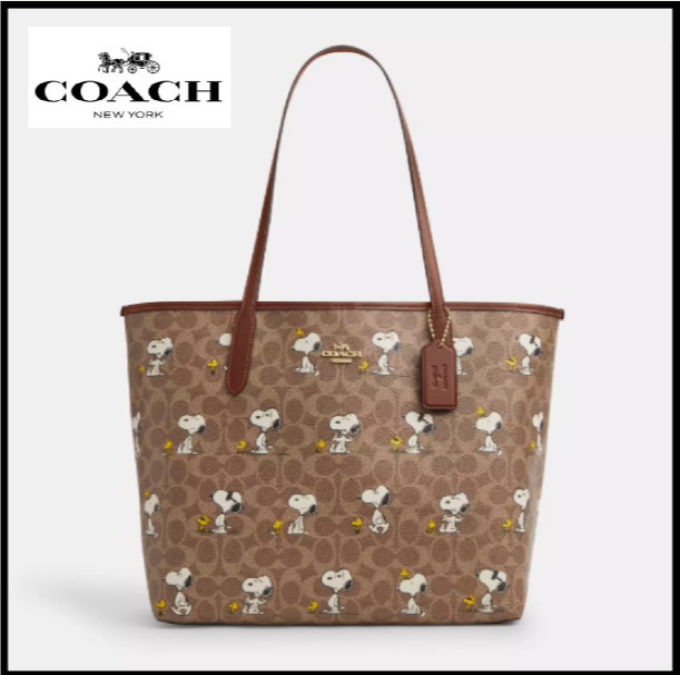 COACH CBJ89 City Tote Bag PEANUTS Snoopy Signature Coated Canvas Outlet New SMM