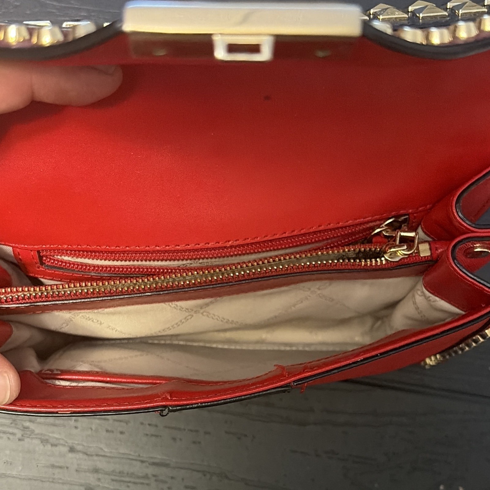 Michael Kors Red Studded Small Flap Crossbody Bag w/ Chain Strap Push Lock