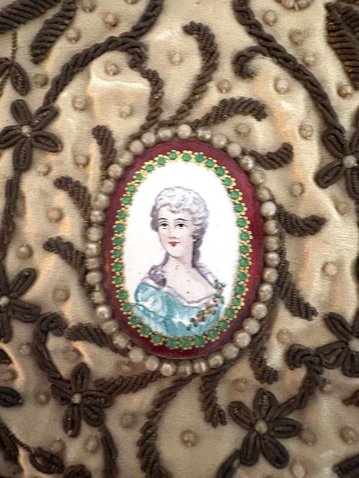 French Victorian Cameo TRINITY BAG Copper Beaded w/Pearls/Copper Metallic Thread