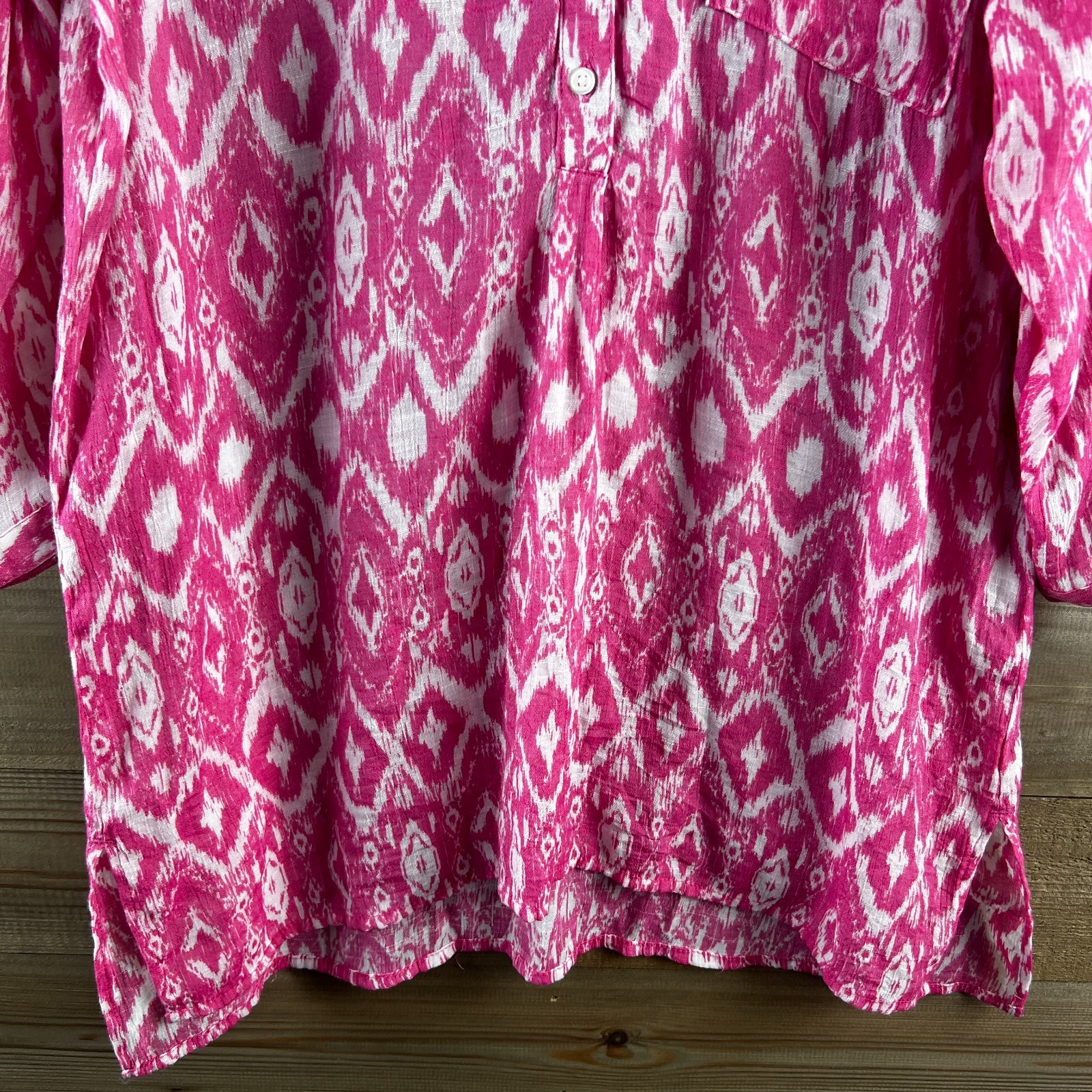 Christopher & Banks Womens Shirt 3/4 Tie Sleeves Ikat Print Henley Neck Large