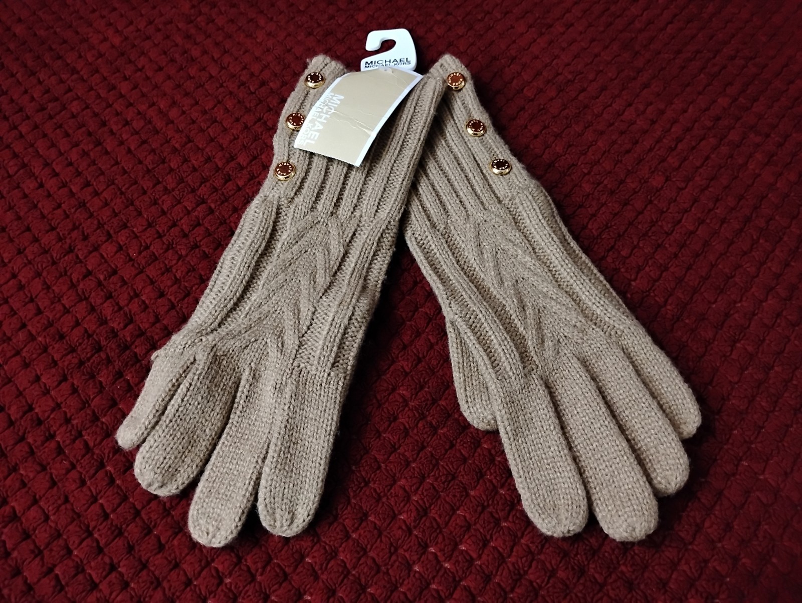 Michael Kors Camel Rib Knit Gold Button Accent Gloves, New