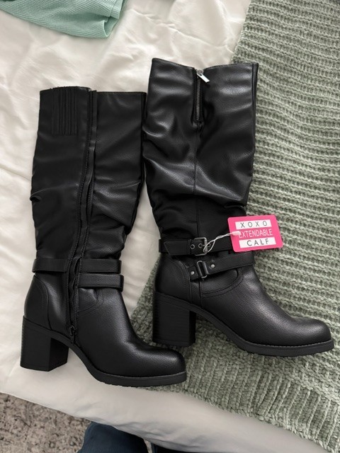 NWT Black Tall Boots Extendable Calf Block Heel Side Zip