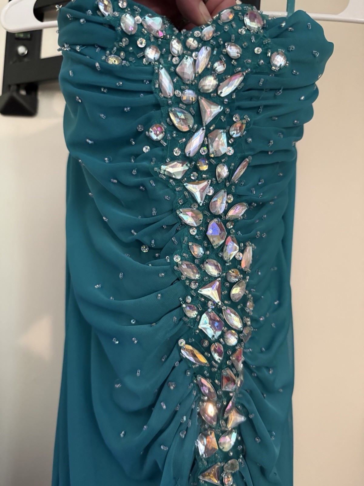 deb Women’s Teal Beaded Sequin Rhinestone V-Neck Long Gown Straps 7/8