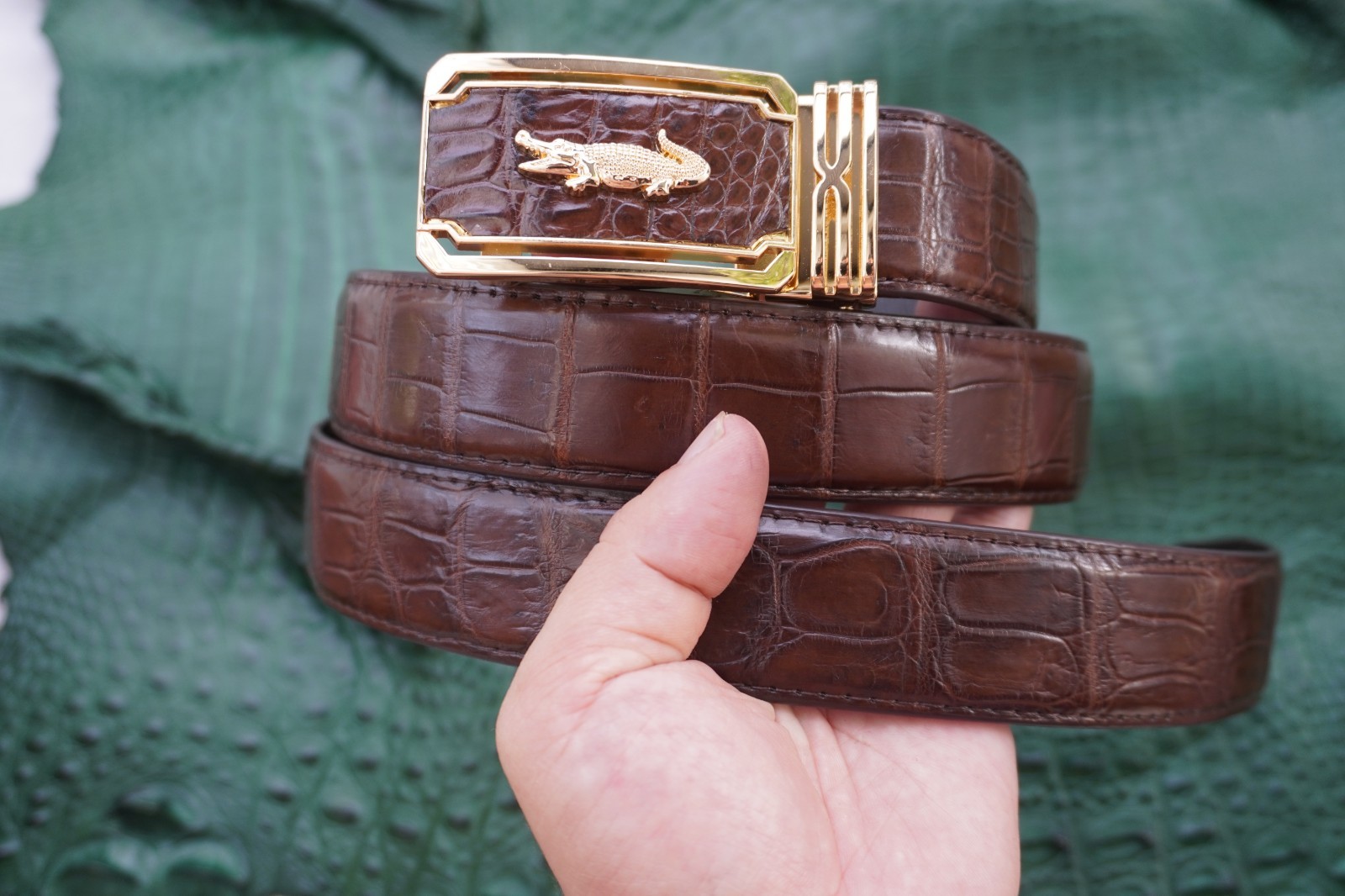 W1.3 inch Brown Genuine Crocodile Belly Leather Skin Men’s Belt Buckle #R43