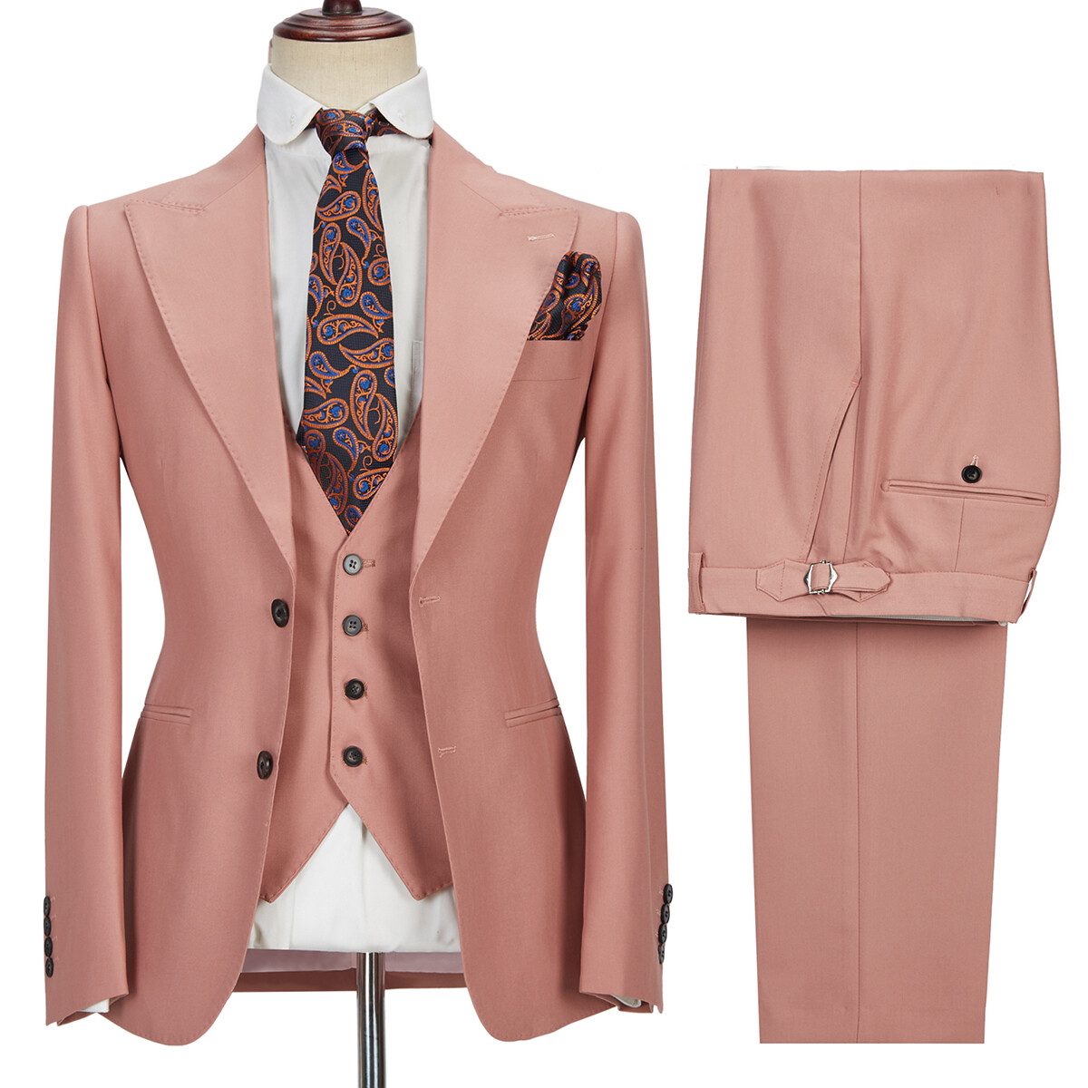 Men Suits Jacket Vest Pants Peak Lapel Wedding Prom Groom Tuxedos Regular Fit