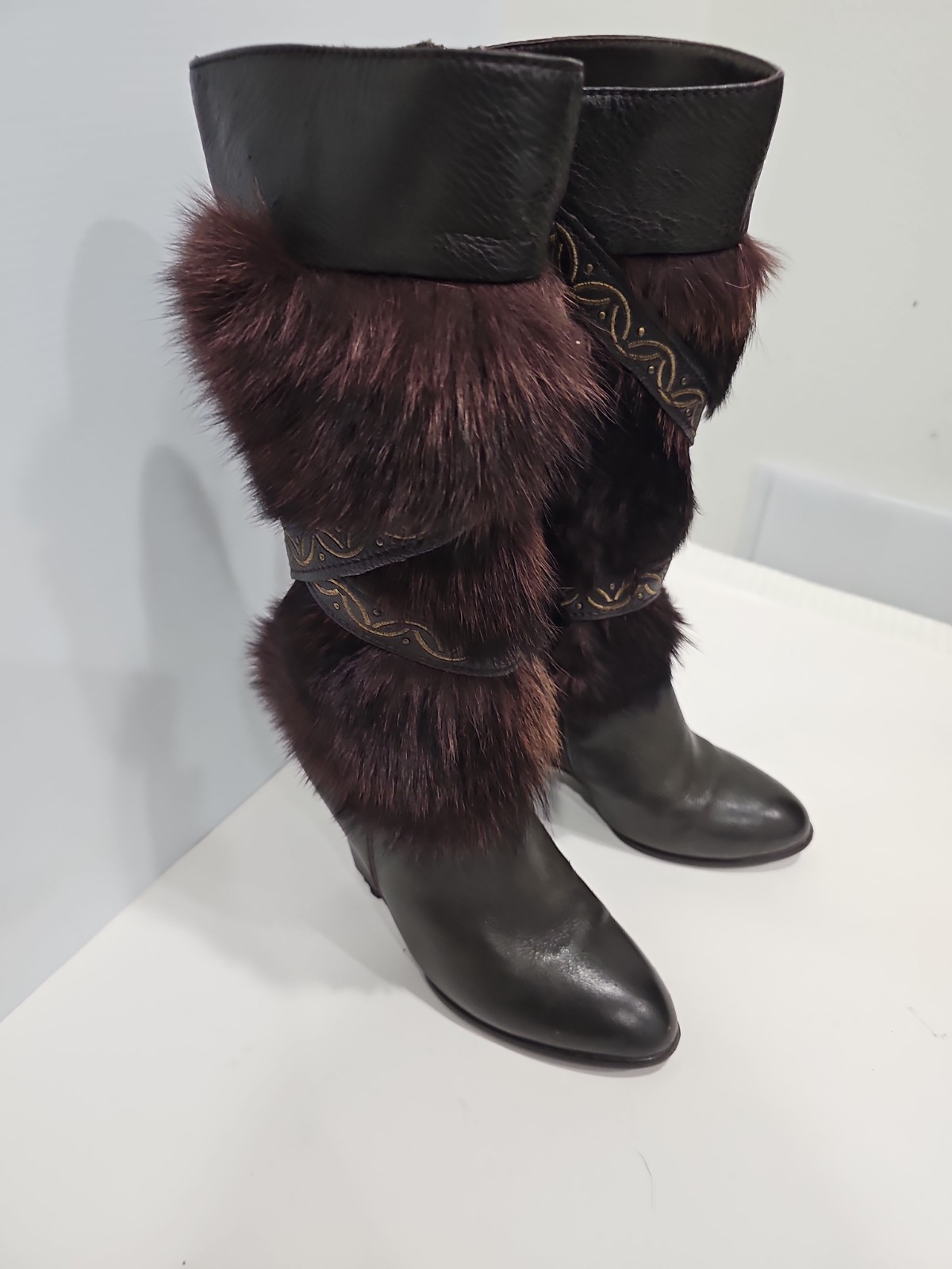 MALINO VICINI Leather & Fur Brown Boots Wedge EU 37 US 7