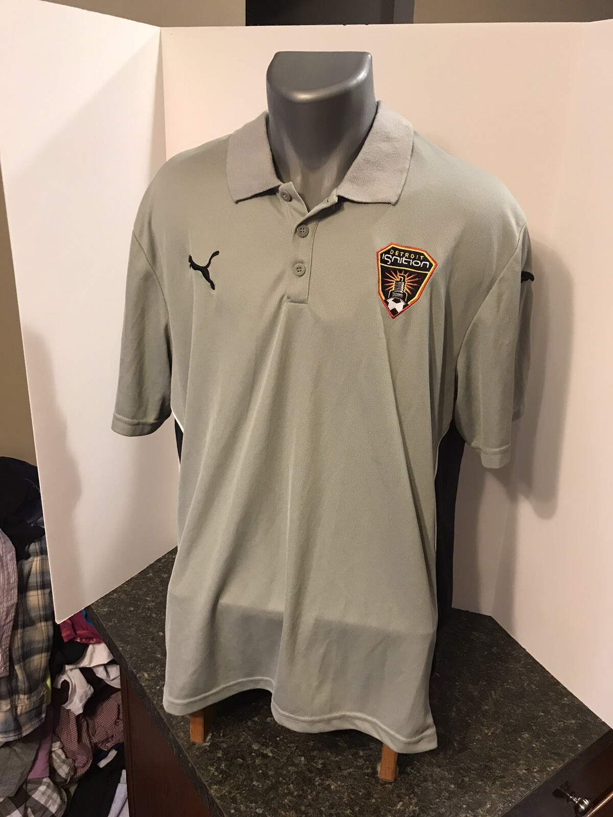 PUMA Men’s POLO Golf Shirt Gray Black Polyester XL – Detroit Ignition Soccer