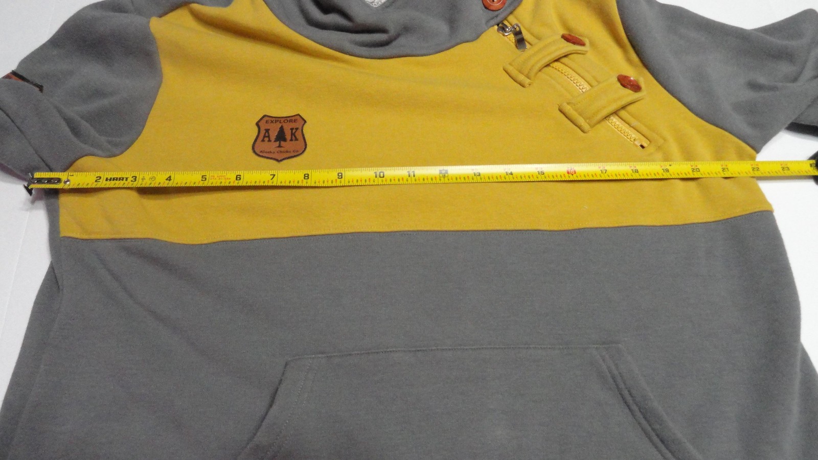 Alaska Chicks Hoodie Sz XL Gray/Mustard Button/Zipper Left Shoulder Enjoy Life