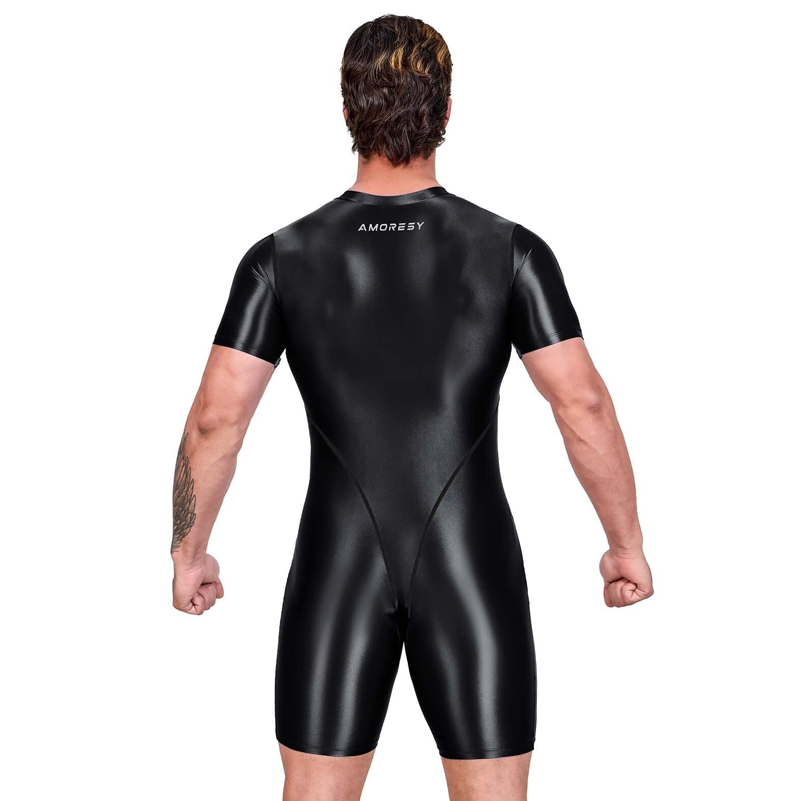 NEW AMORESY Men Shiny Glossy Tracksuits Bodysuit Tights Jumpsuits Overalls Suits