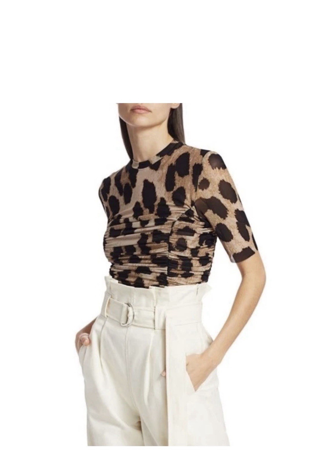GANNI Leopard Print Mesh Ruched Mock Neck Short Sleeve Top Women’s SZ Small