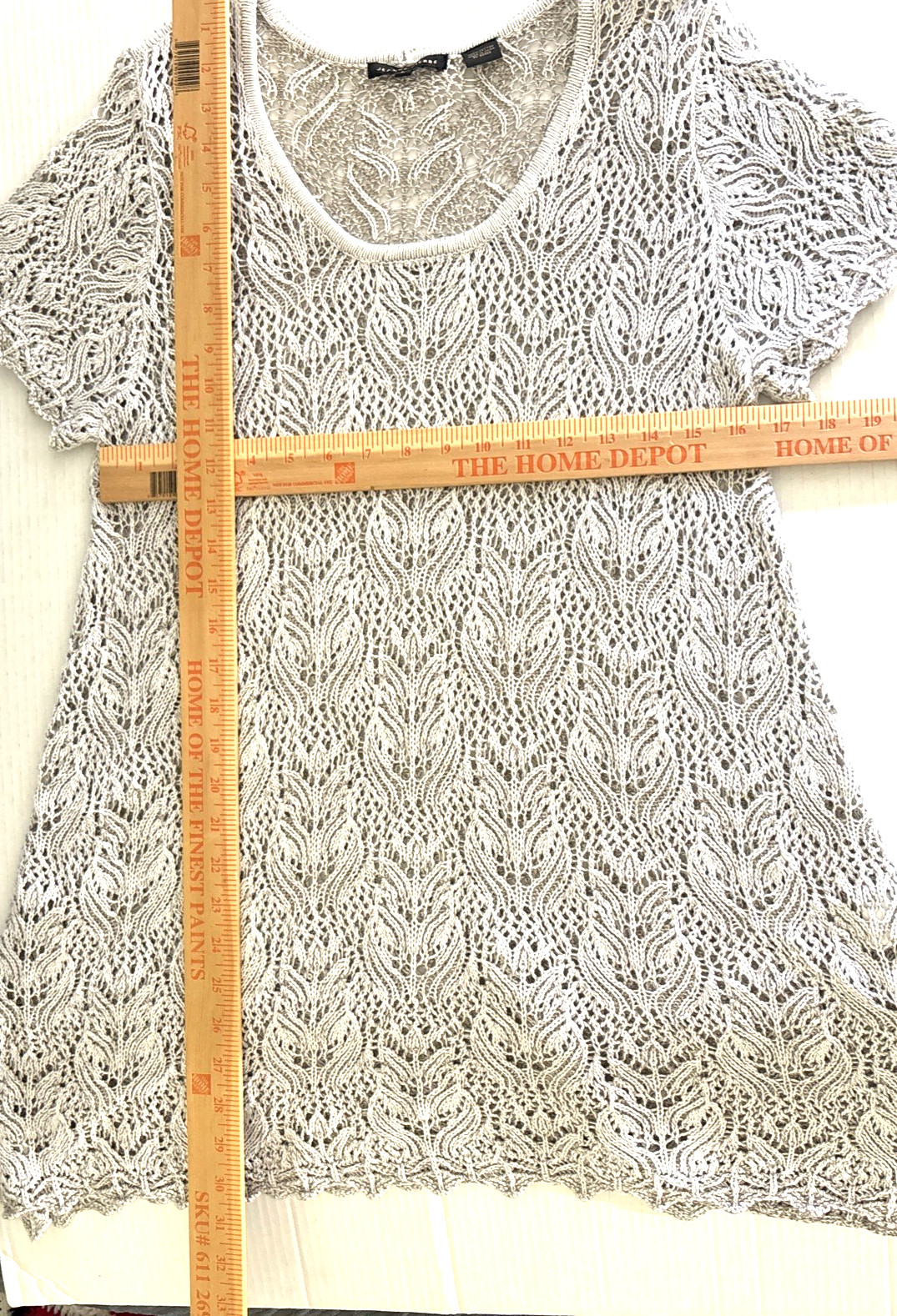 Jeanne Pierre Open Knit Sweater Large Gray Crochet Tunic Light Beach Coverup