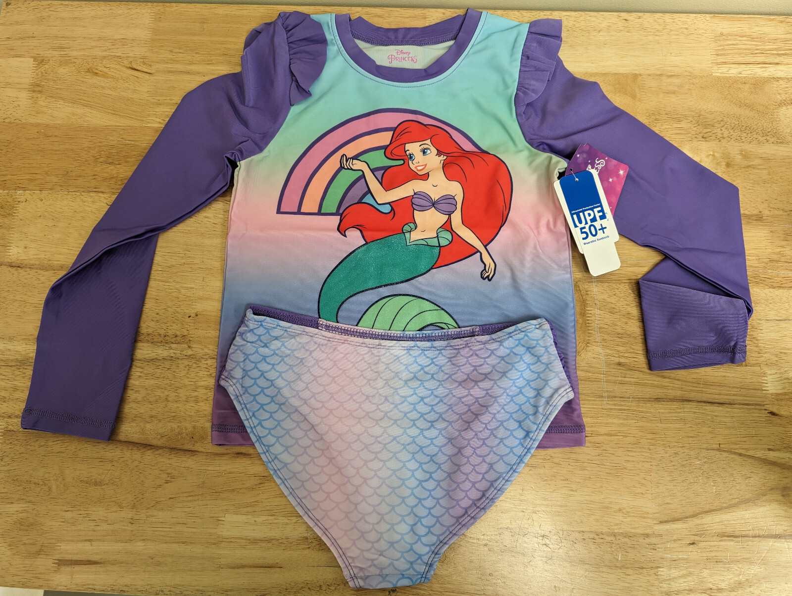 New Ariel Little Mermaid 2 Piece Long Sleeve Rash Guard Swimsuit Size 10/12 Girl