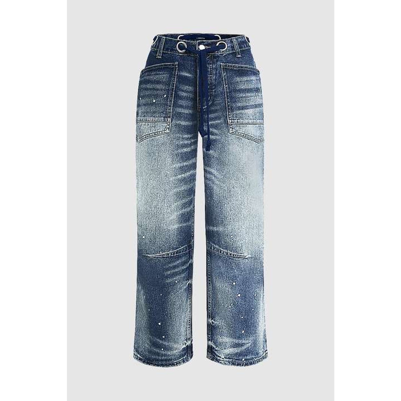 Flamingals Drawstring Grommet Eyelet Mid Waist Barrel Jeans