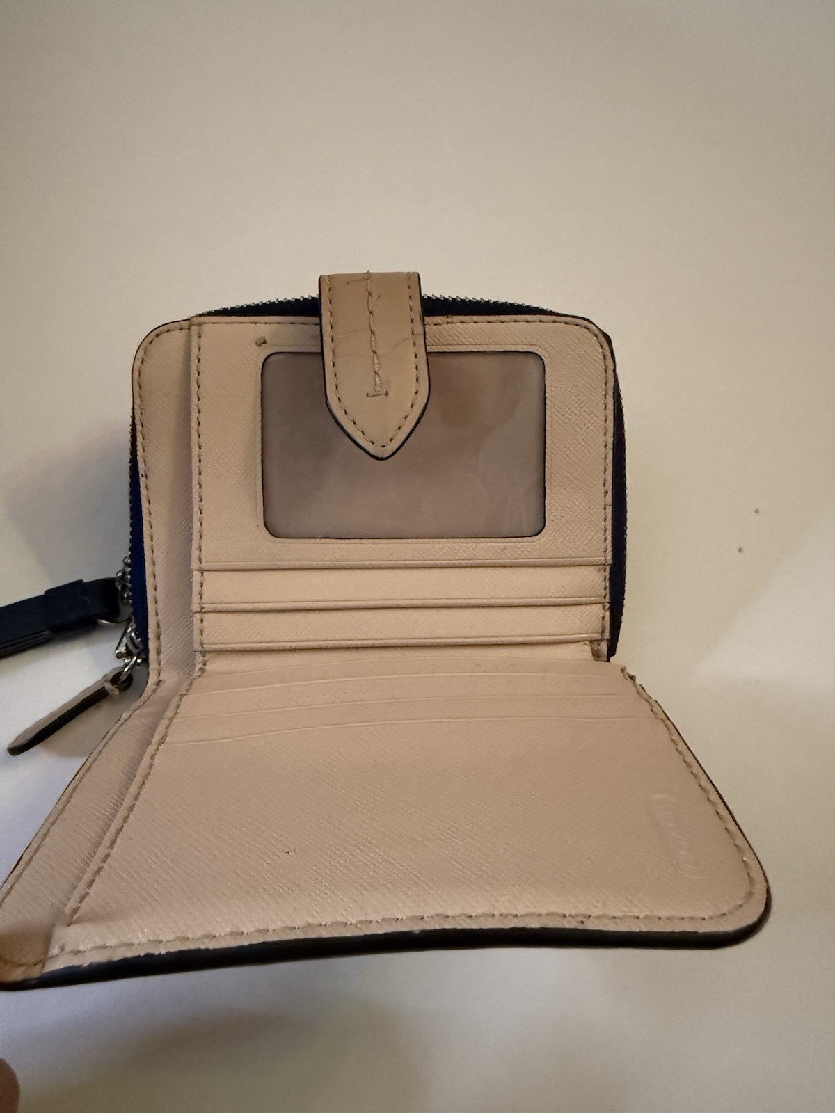 Coach Blue White Beige Logo Pattern Zip-Around Wallet w/ Credit Card Slots