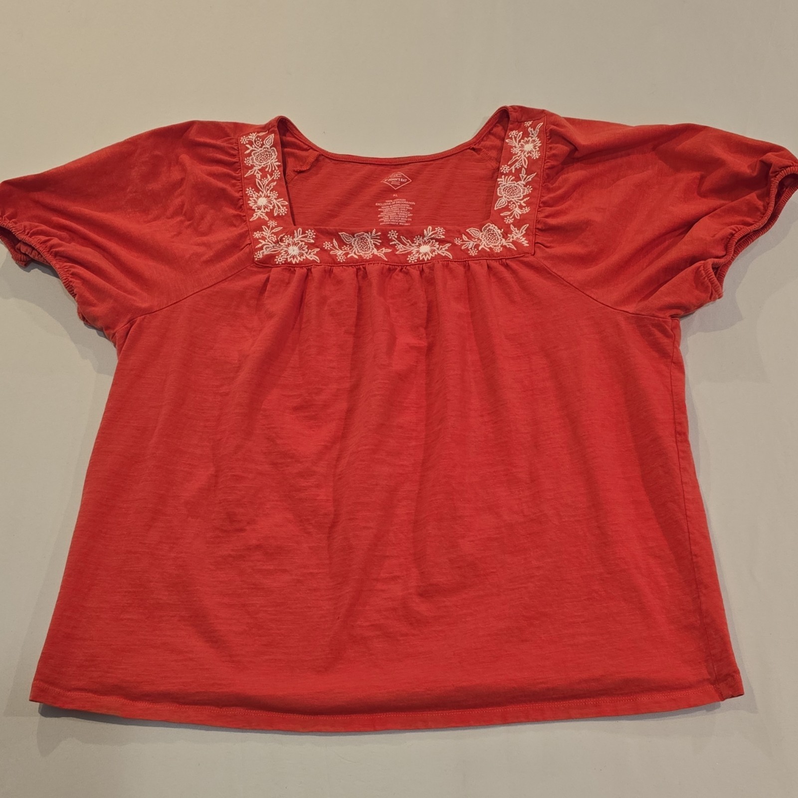 St. John’s Bay Women’s XL Red Square Neck Puff Sleeve Embroidered Peasant Top