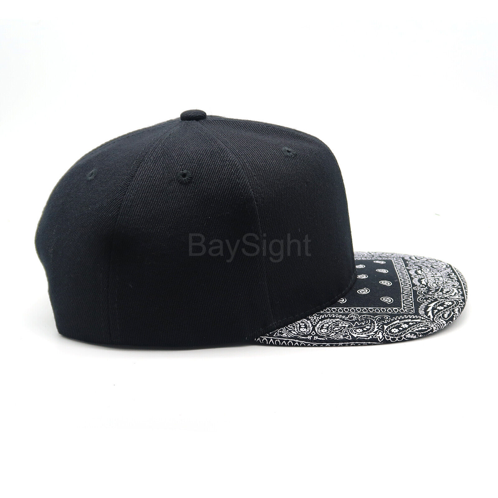 Mens Baseball Cap Snapback Adjustable Bandana Paisley Hat Solid Black Flat Bill
