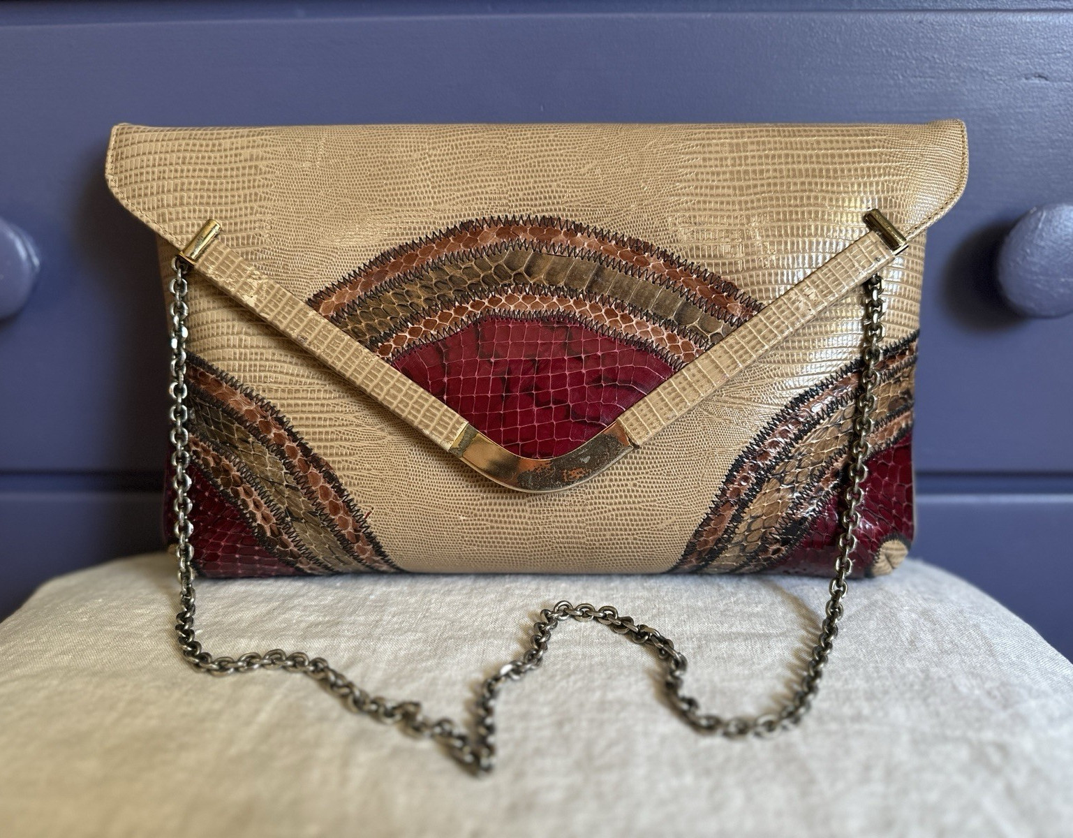 Vintage Original by Capice, snakeskin patchwork purse, chain strap, magnet close