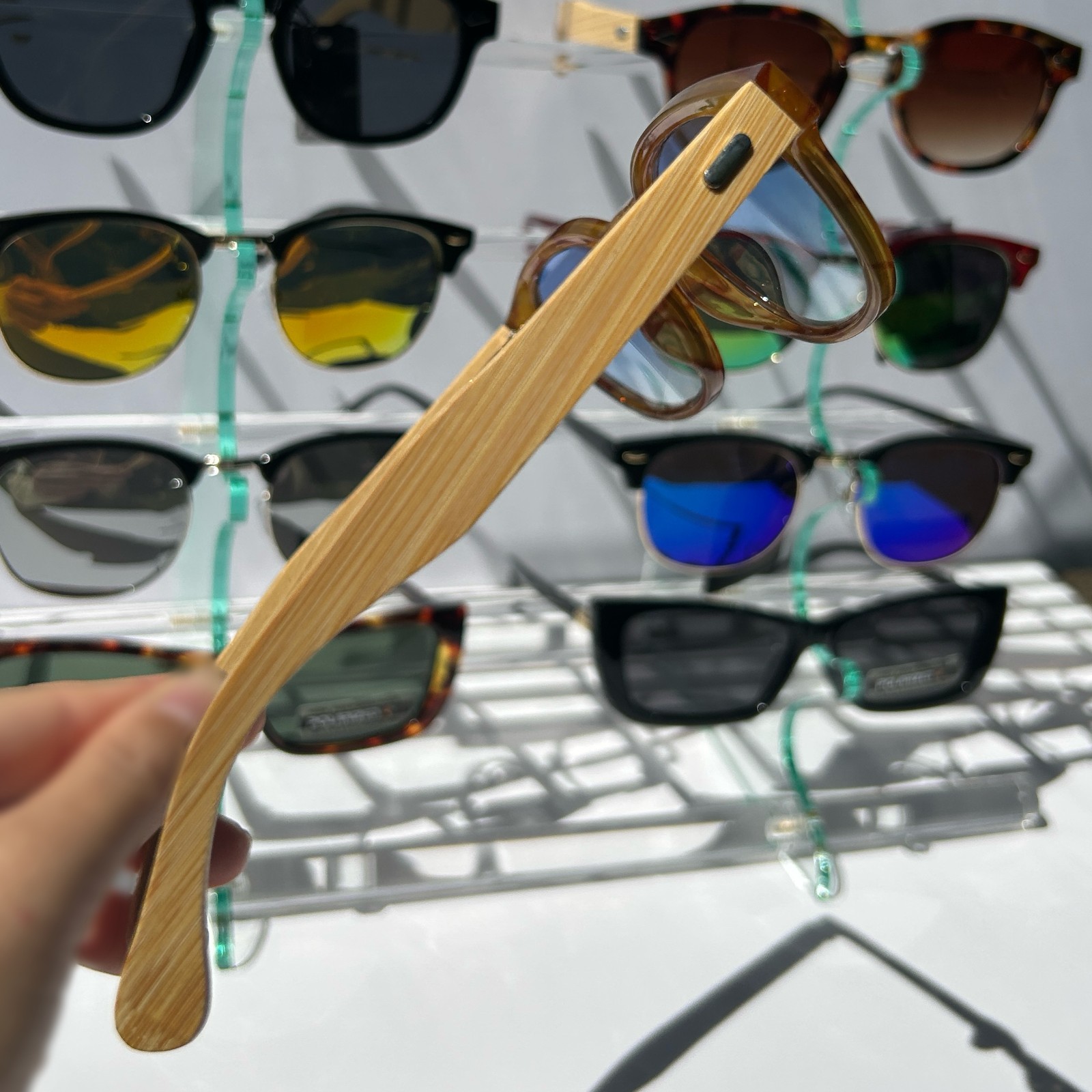 Unisex Square Sunglasses Yellow Frame and Bamboo Temples 100% UV Protection