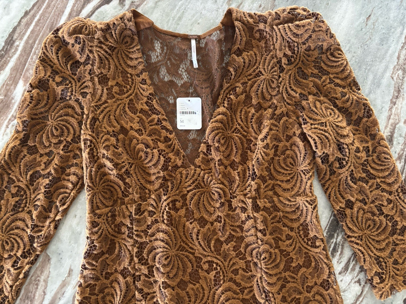 🤎Free People Lace Dress Medium Brown Caramel Floral Sheer Sleeve Boho Romantic
