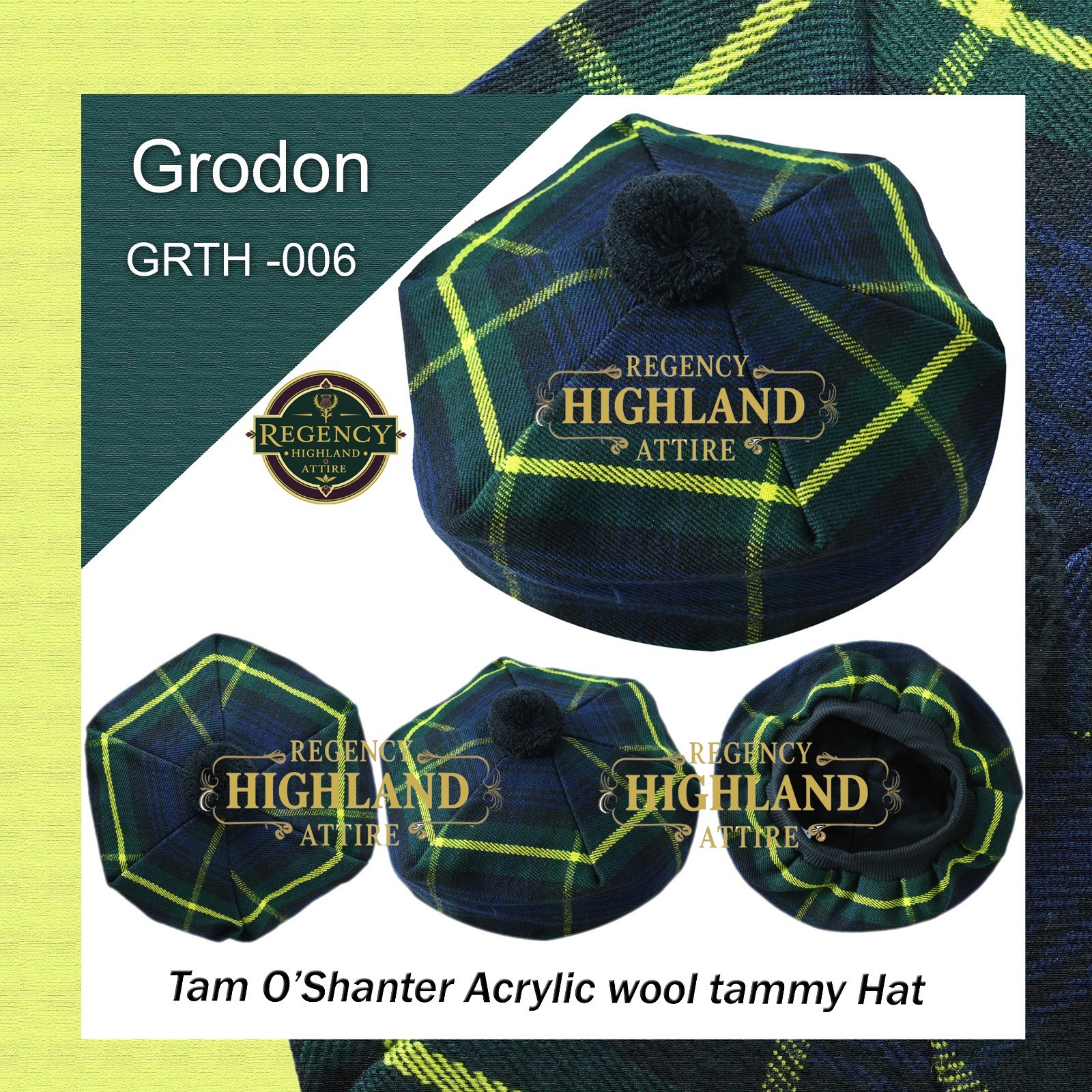 Unisex Great Scottish Highland Tam O Shanter Hat Made of Acrylic Wool Tartan.
