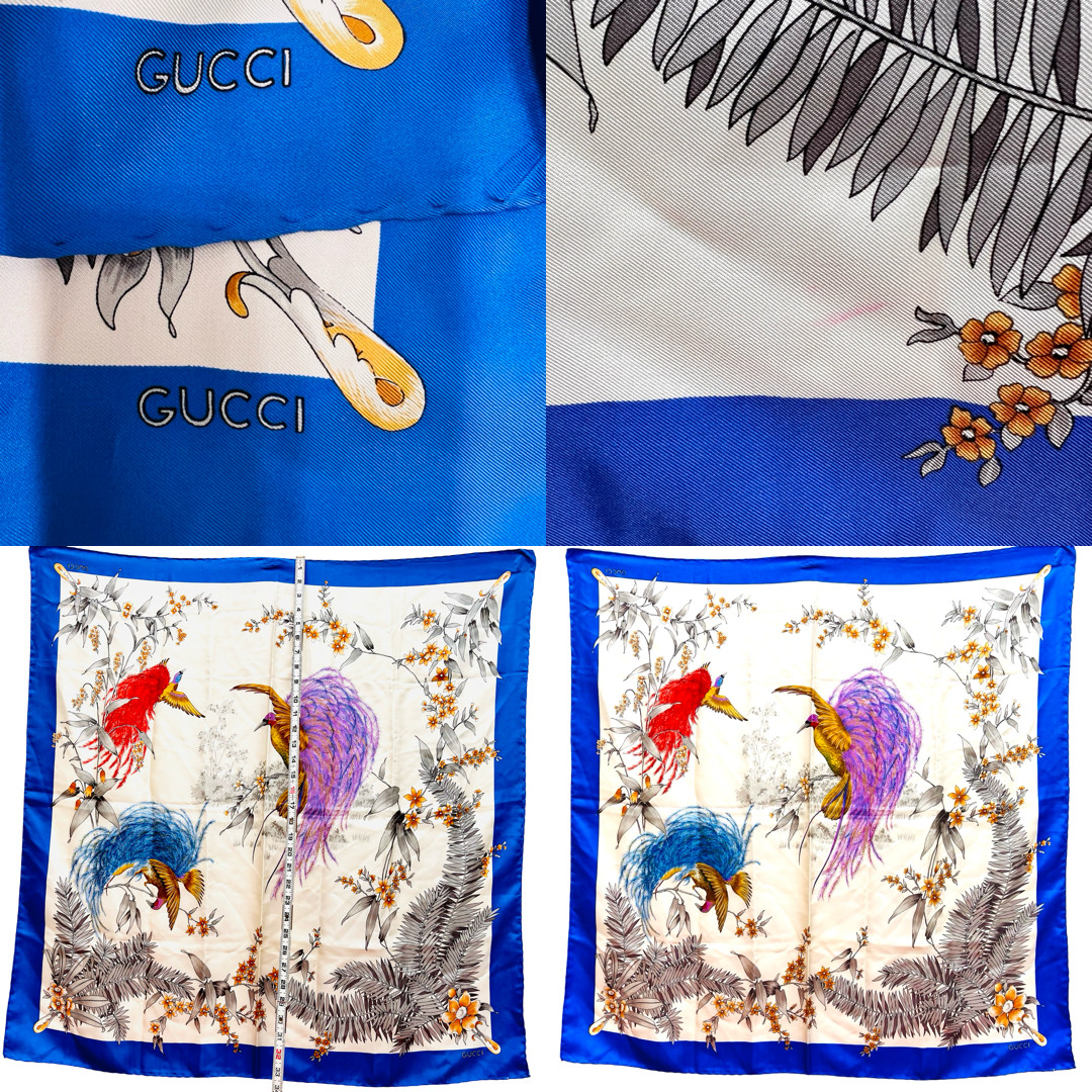 Beautiful Birds Paradise Gucci 100% Silk Satin Scarf 34″ Ivery Blue (45)