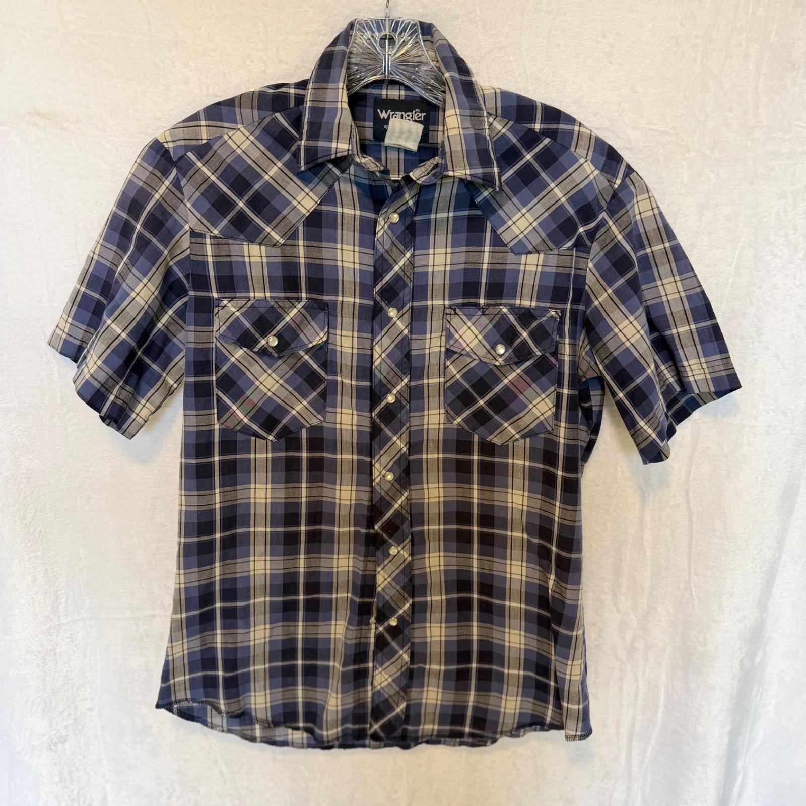 Wrangler Men’s Western Pearl Snap Shirt Blue Plaid, Short Sleeve, Size Small