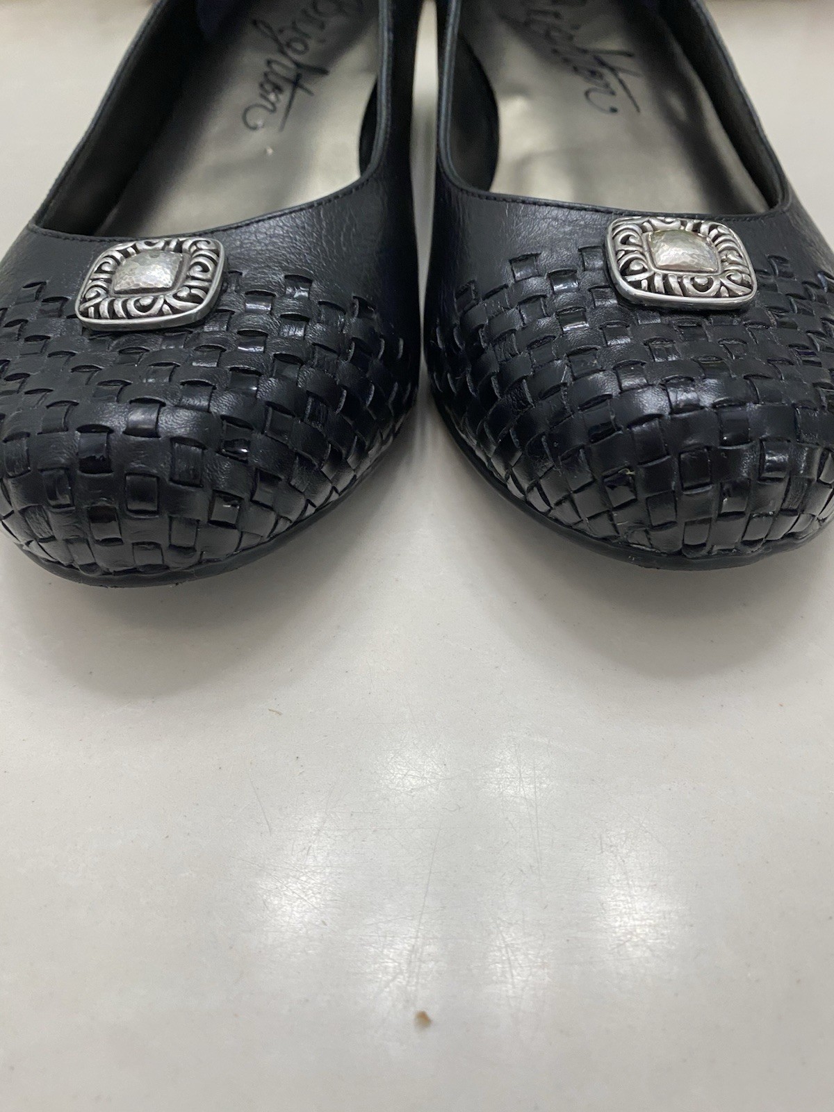 Brighton Black Leather Woven Medallion Slip-On Flats Women’s Size 9.5