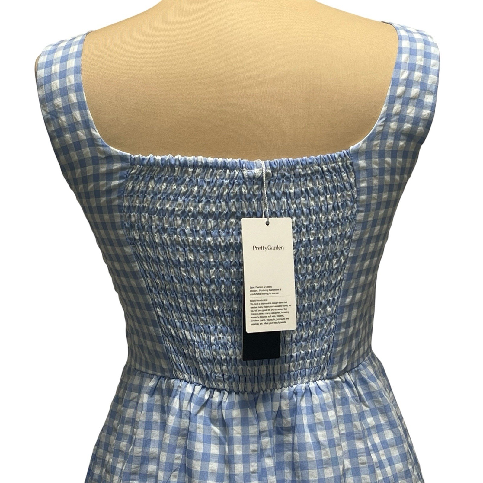 PrettyGarden Blue White Gingham Maxi Dress Smocked Back Sleeveless Size S NWT
