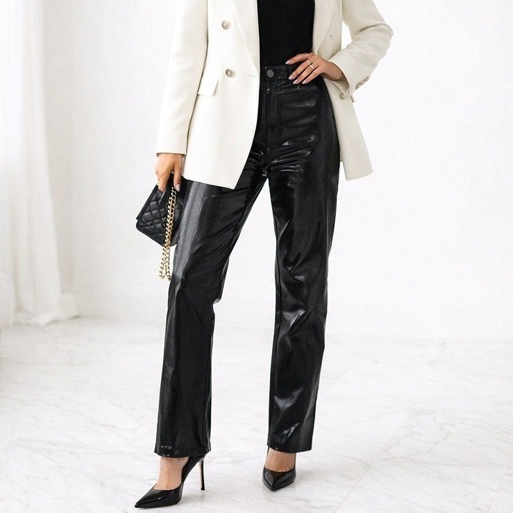 Good American Faux Patent Leather Black Straight Leg Pants Size 10 New
