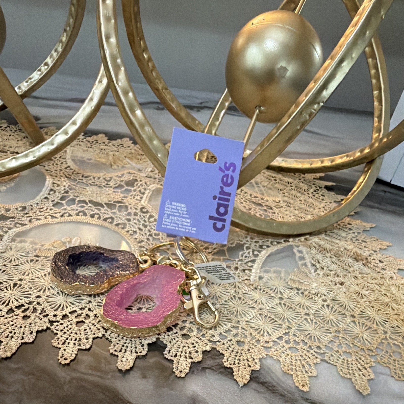 Claire’s Gold Tone Geode Charm Key Chain Keychain Pink Purple Detachable