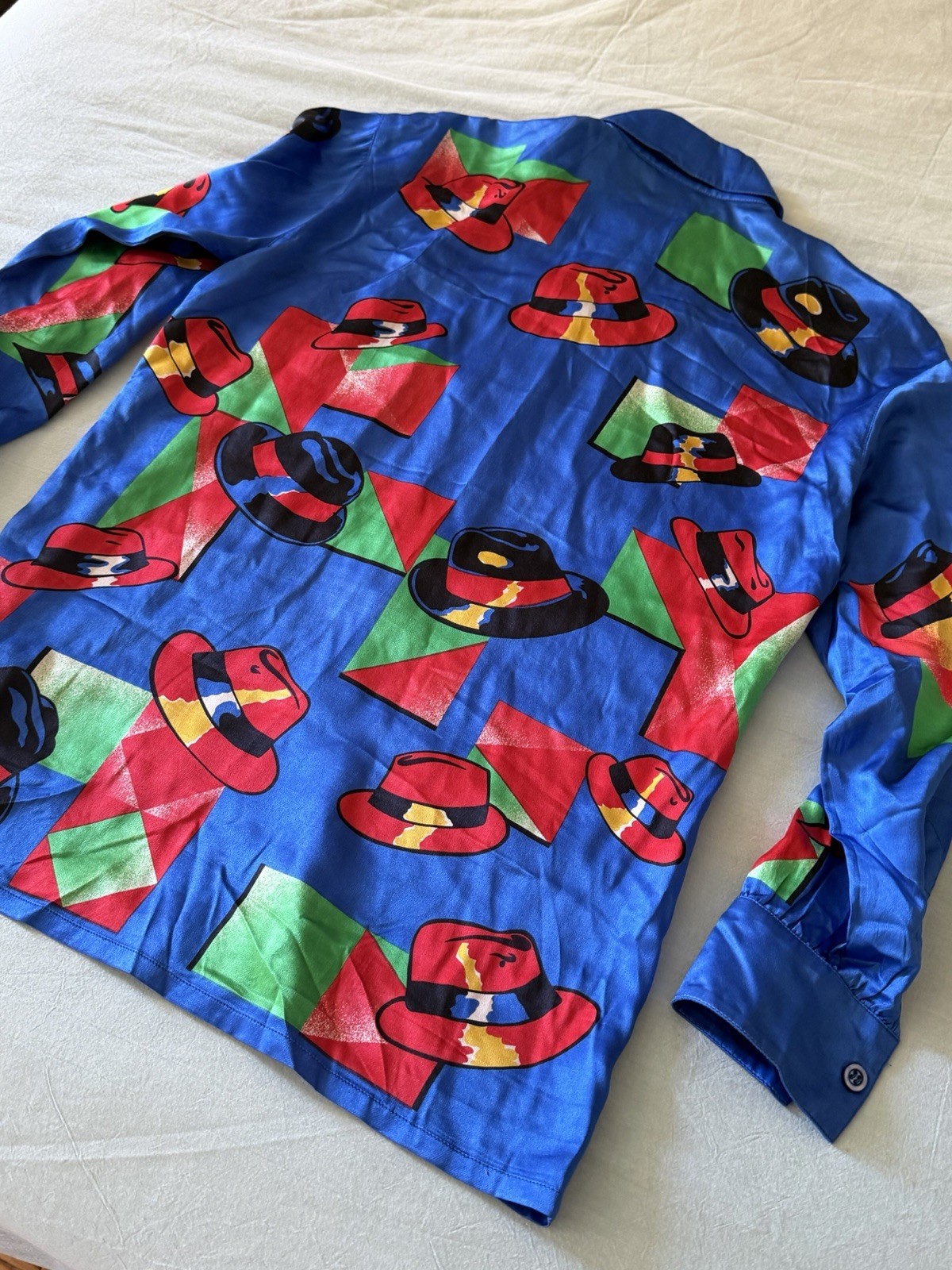 Vintage Escada Cobalt Blue Hat Print Silk Blouse Maxmalism S/M
