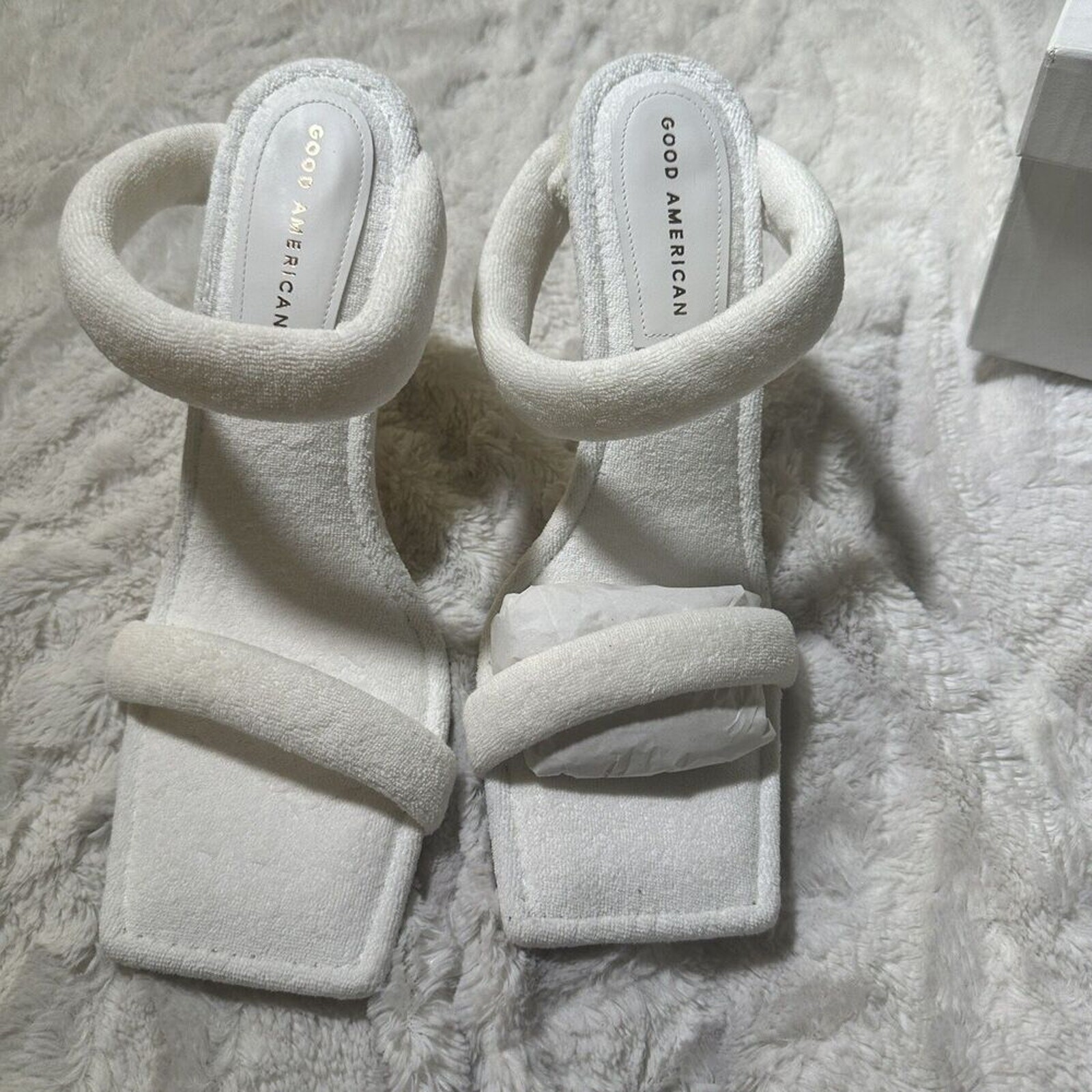 Good American White Terry Cloth Mule Sandals 4” Heel Size 11 NWT Resort