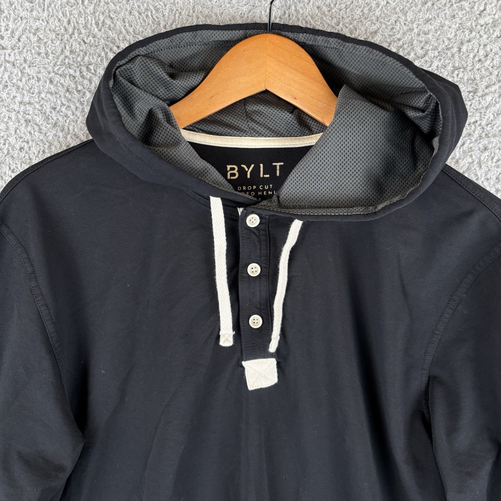 BYLT Hoodie Mens Medium Black Drop Cut Hooded Henley Lux Performance
