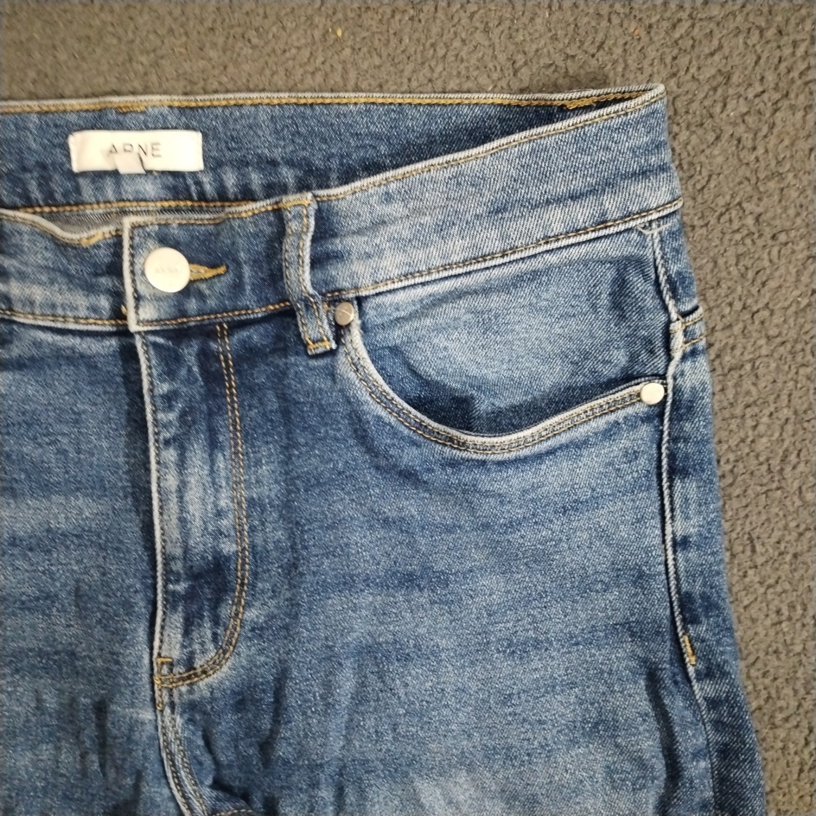 Arne Jeans Mens 30×30 Regular Blue Denim Slim Stretch Whisker Leather Logo Fade