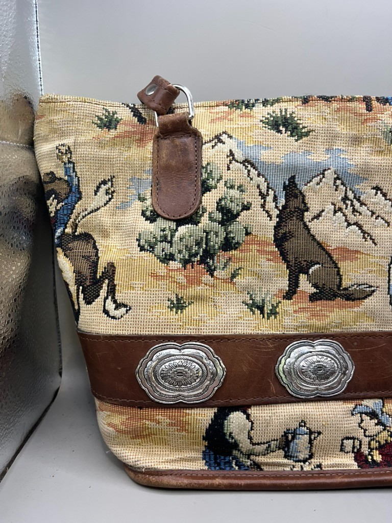 Vintage Horse Tapestry Purse Bag Staps Silver Buckle Wolf Cowboy Shoulder Bag