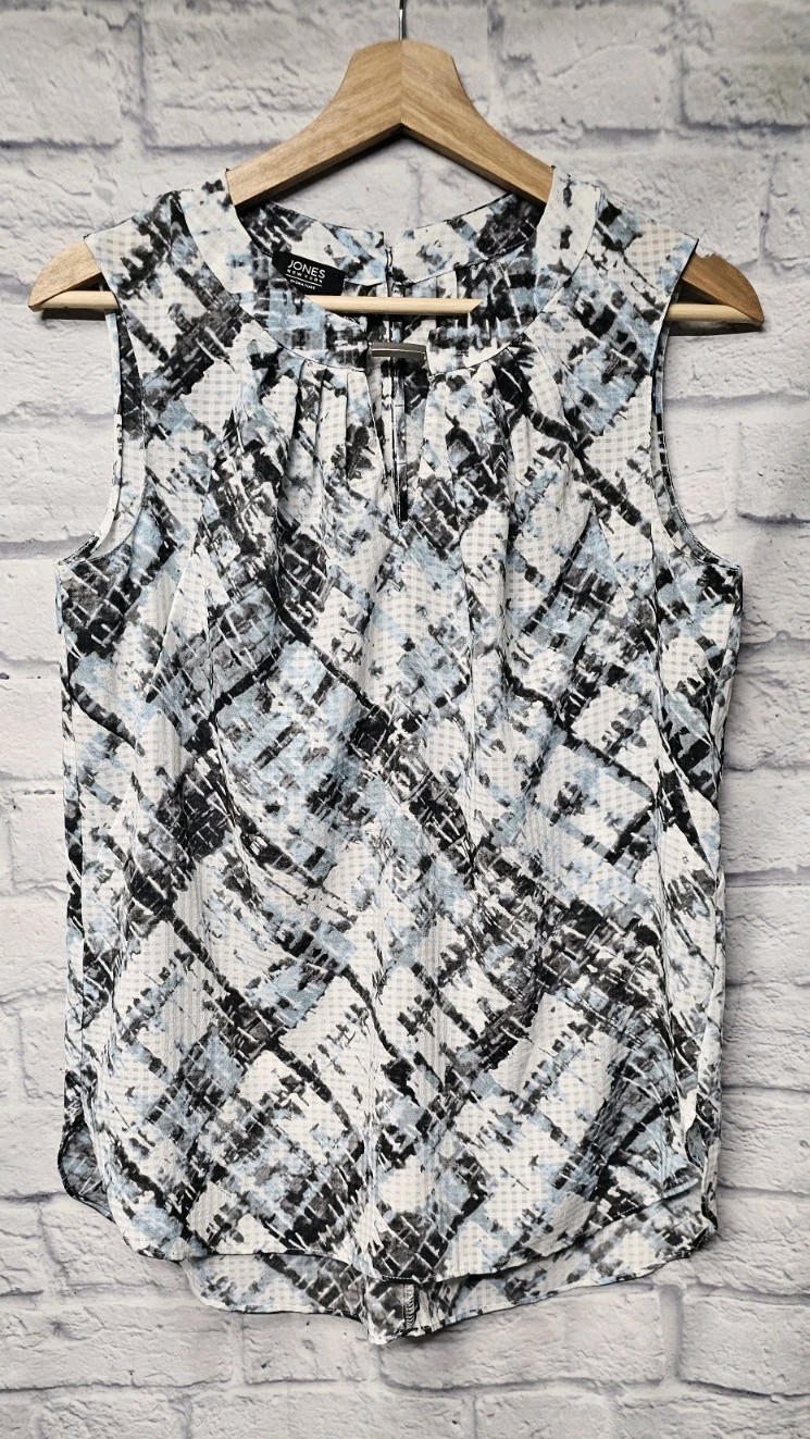 JONES NEW YORK S HIGH NECK METAL KEYHOLE CUT OUT PLEATED GEO CHECK CHIFFON TOP