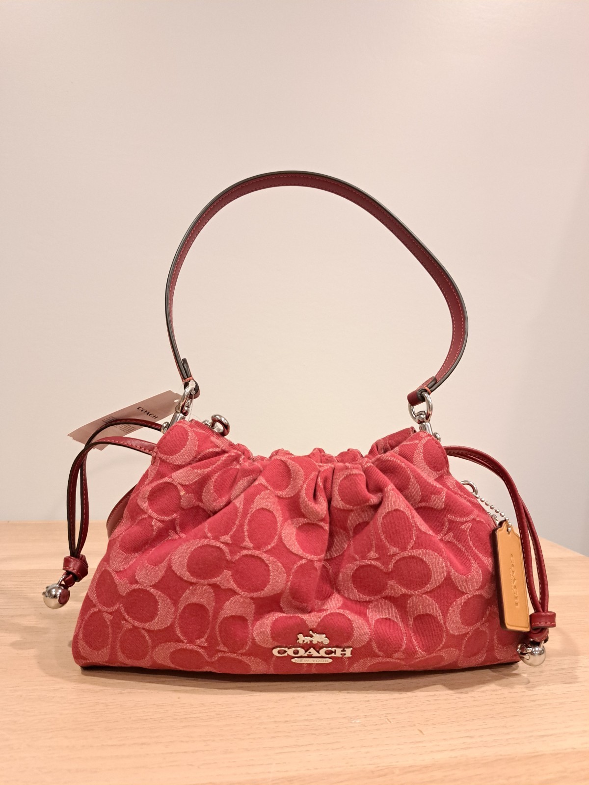 New Authentic Coach Faye Shoulder Bag Signature Logo C Denim CDB93 Silver Red