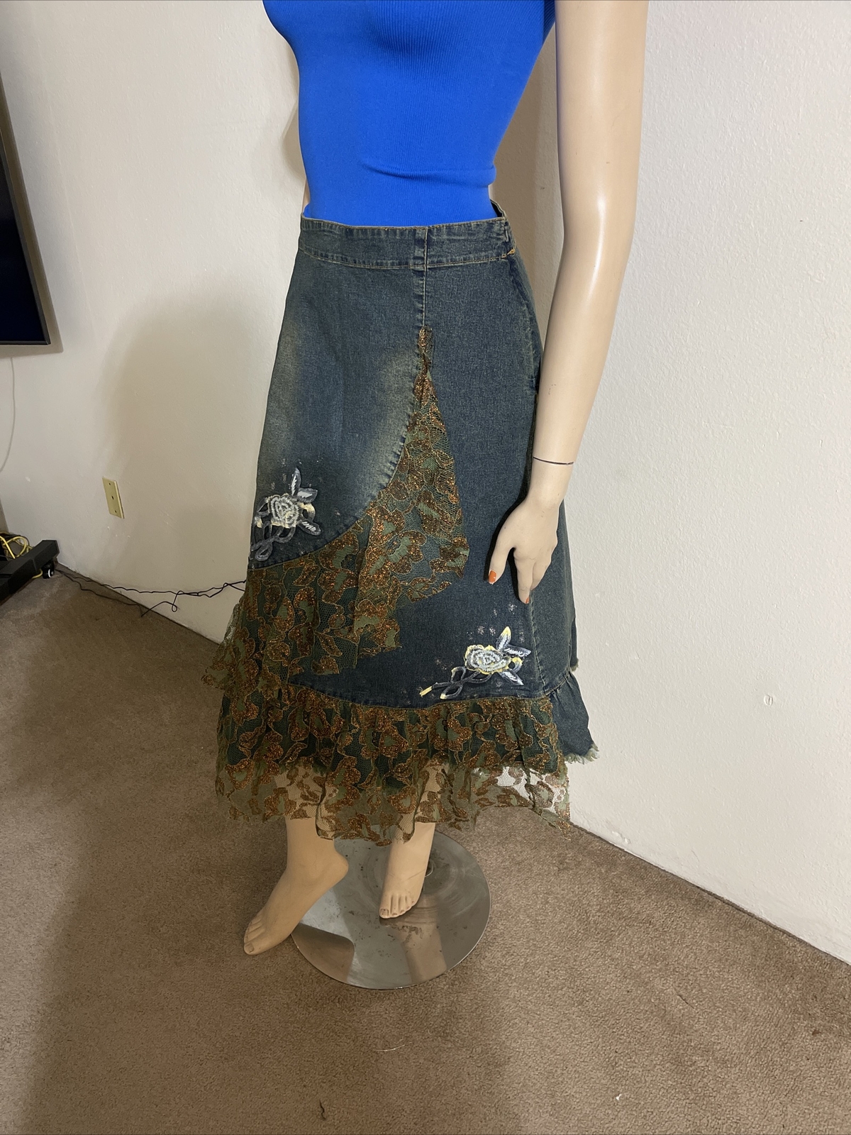 Blue Denim Cotton beaded lace Ruffle Embroidery Boho Size M(6-8) maxi skirt 3135